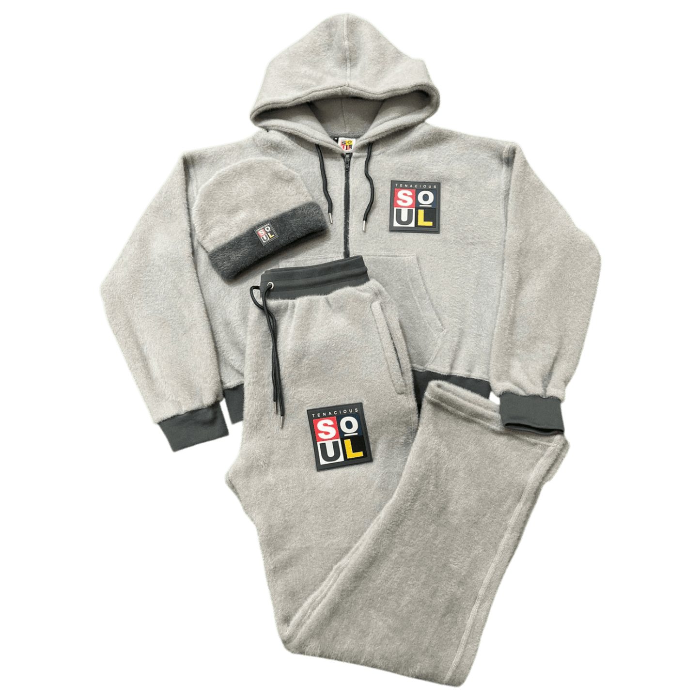 2 tone lite/dark gray plush 3-piece sweatsuit with hood and logo, including pants and beanie for stylish comfort.